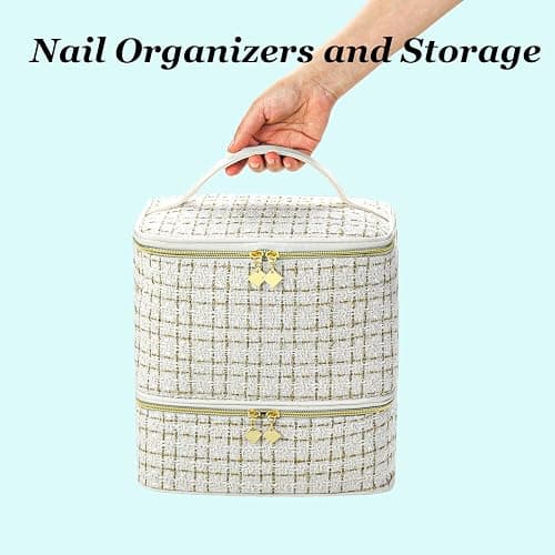 CTWWFS Nail Polish Organizer and Nail Lamp Case, Nail Kit Organizer Holds 30 Bottles (15ml - 0.5 fl.oz) and a Nail Lamp, Nail Polish Carrying Case with Manicure Tools Storage Sections (A-White) thumbnail 2