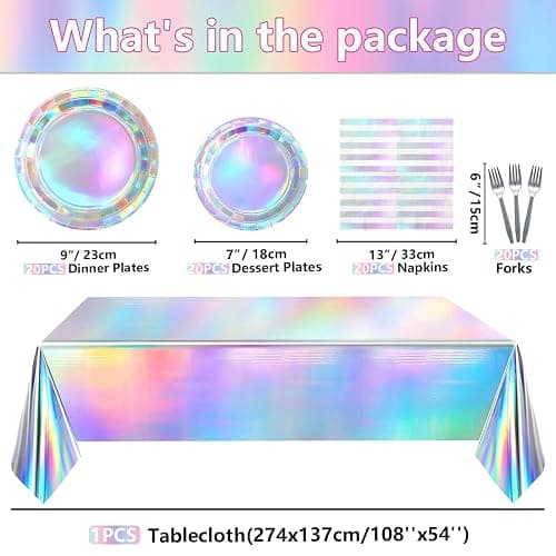 Iridescent Party Supplies for 20 Guests, Disposable Iridescent Tableware Set Includes Holographic Paper Plates, Napkins, Forks, Tablecloth for Birthday Mermaid Themed Party Decorations Wedding thumbnail 3