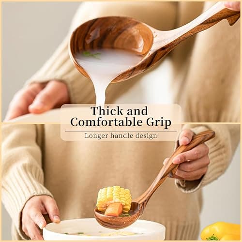Gudamaye 3 Size Wooden Soup Ladles Set,3 Hooks for Bowl,Pot. Natural Teak Wooden Ladle,10.6 inch Big Soup Ladle, 9 inch Serving Spoon & 8 inch Wood Ladles for Cooking,Teak Deep Ladle Spoons thumbnail 6