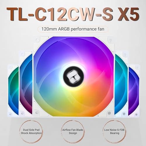 Thermalright 5 Pack TL-C12CW-S CPU Fan 120mm White ARGB Case Cooler Fan, 4pin PWM Silent Computer Fan with S-FDB Bearing Included, up to 1550RPM Cooling Fan（5 Quantities） thumbnail 2