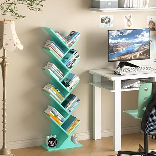 SHEEPAM 10 Tier Tree Book Shelf, Floor Standing Wood Bookshelf for Narrow Space, Storage Organizer Bookshelves for Books/CDs/Magazine, Bookcase with Shelves for Home Office, Living Room - Green thumbnail 2