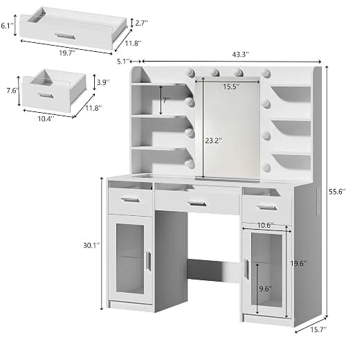 HUAHUU Vanity Desk, Makeup Vanity Desk with Mirror and Lights 3 Colors, Transparent Top with 3 RGB Drawers, 6 Shelves, 2 Large Tempered Cabinets, Power Outlet, for Bedroom, White thumbnail 2