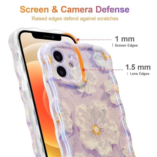 EYZUTAK Case for iPhone 12, Colorful Retro Oil Painting Flower Laser Glossy Pattern Cute Curly Wave Border Exquisite Phone Cover Stylish Durable TPU Protective Case for Girl Women - Light Purple thumbnail 4