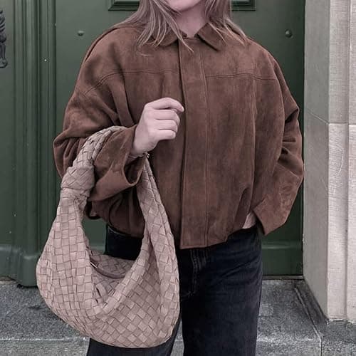 Xunger Women's Faux Suede Bomber Jacket Spring Lapel Pilot Coat Casual Oversized Long Sleeves Trendy Streetwear Outerwear thumbnail 2