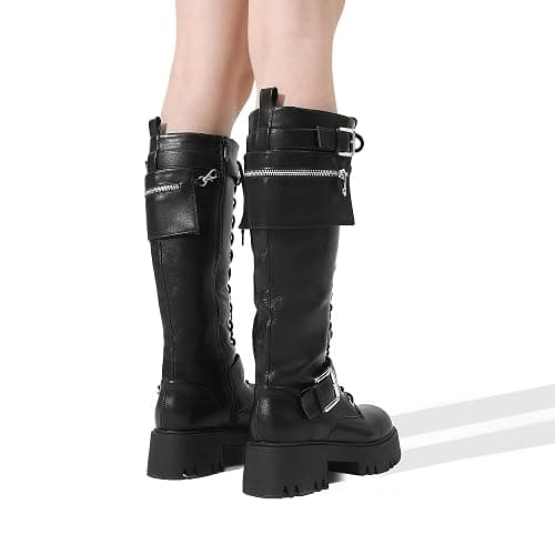 DREAM PAIRS Womens Knee High Combat Boots Platform Heels | Gothic Motorcycle, Metallic, Lace-up, Inside Zipper, Removable Pocket, Non-slip TPR Outsole, Versatile for Everyday Wear thumbnail 9