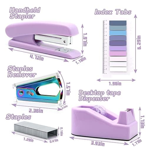 Purple Office Supplies Set, UPIHO Stapler and Tape Dispenser Set, Office Desk Accessories Kit with Stapler, Tape, Remover, Staples, Clips, Scissor and Tabs for Women, Clerks… thumbnail 3