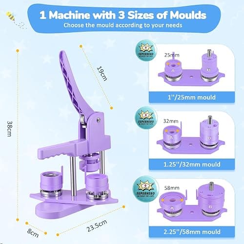 Badge Maker Button Machine Multiple Sizes DIY Pin Maker Badge Press Machine with 10 Bottle Opener, 10 Key Chain Suits, Molds & Round Paper Cutter DOYFAY (Violet, DC109P320) thumbnail 2