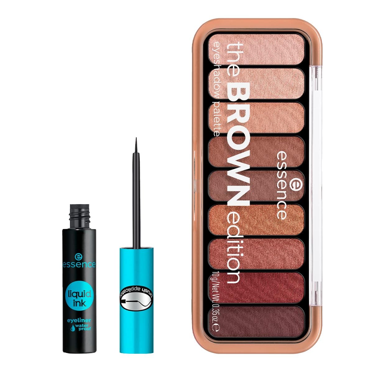 essence - Pack 2 en 1: Paleta de Sombras de Ojos The Brown Edition 10 g + Eyeliner Líquido Waterproof Liquid Ink 3 ml, Maquillaje de Ojos Intenso y de Larga Duración - Image 1