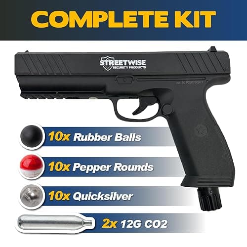Streetwise Heat .50 Caliber Defense Launcher, Kinetic Impact Ball Gun - Personal Protection Pistol Includes 10 Rubber Balls, 10 Quicksilver Metal Composite Rounds, & 2 CO2 Canisters thumbnail 3