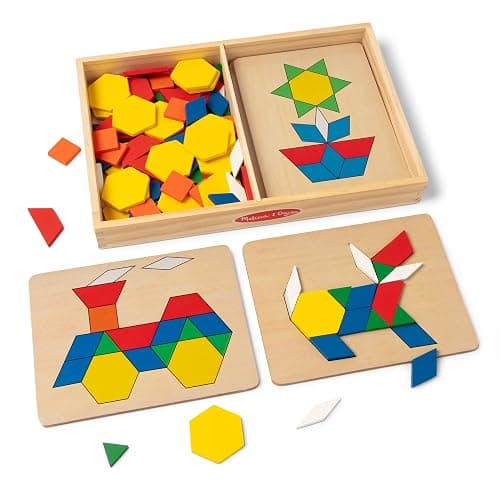 Melissa & Doug Pattern Blocks and Boards with 120 Multi-Colored Wooden Shape Tiles, 5 Double-Sided Puzzle Boards, Tangram Puzzles, Montessori Toys for Girls & Boys - Image 1