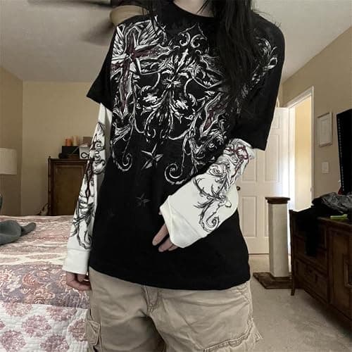 Y2k Fairy Grunge Graphic Long Sleeve Tees Tops Women E-Girls Aesthetic Gothic Skull Print Baggy T Shirts Emo Clothes - 0-black Retro Fashion Uiui - Small thumbnail 2