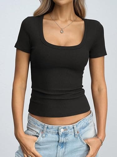 EasyGala Womens Cotton Ribbed Short Sleeve Tops Summer Scoop Neck T-Shirts Cute Slim Fitted Tees Basic Casual Tops 2026 thumbnail 2