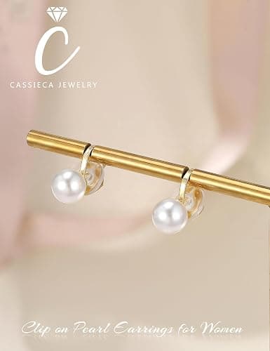 CASSIECA 14K Gold Plated Clip on Pearl Earrings for Women Girls - Long Dangle Pearl Drop Ear Clips for Wedding, Bridal Gifts thumbnail 6