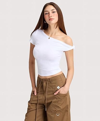 Curvphilo Women Summer Off Shoulder Tops Y2K Going Out T Shirts Double Lined Crop Top Fashion Clothes Trendy Outfits thumbnail 4