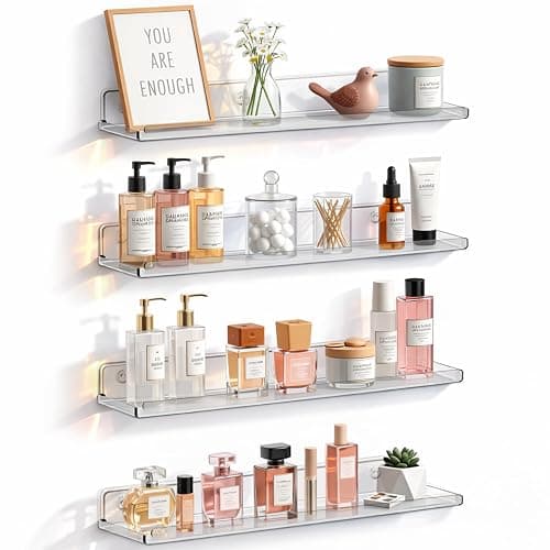 Lifewit Floating Shelves for Bathroom, Acrylic Display Shelf Wall Mounted for Makeup, Skincare, Nail Polish, Book, 14" Perfume Organizer for Bedroom, Living Room, Nursery, Home Decor, Clear, 4 Pack - Image 1