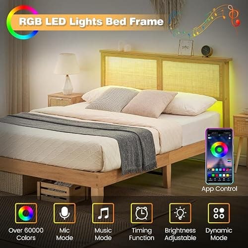 GAOMON Full Rattan Bed Frame with Natural Rattan Headboard, Full Size Platform Bed Frame with LED Lights, Mattress Foundation, Noise-Free, No Box Spring Needed thumbnail 3