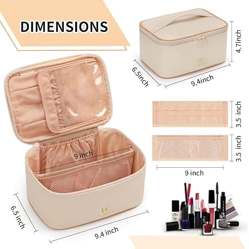 OCHEAL Beige Makeup Bag,Travel Makeup Organizer Bag, Large Capacity Cosmetic Bags For Women Large Travel Toiletry Bag Girls Traveling With Brush Slot And Divider-White thumbnail 7