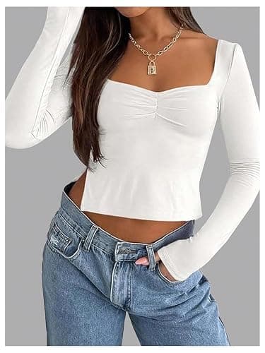 Verdusa Women's Y2K Long Sleeve Crop Tops Ruched Sweetheart Neck Side Slit Fitted T Shirts thumbnail 5