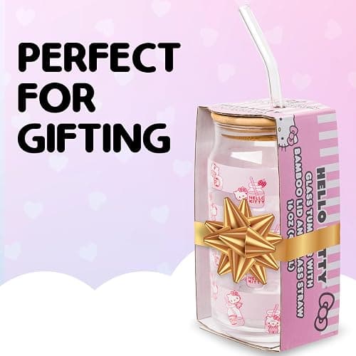 Silver Buffalo Sanrio Hello Kitty Strawberry Milk Pink Glass Jar Tumbler with Bamboo Lid and Glass Straw, 16 Ounces thumbnail 7