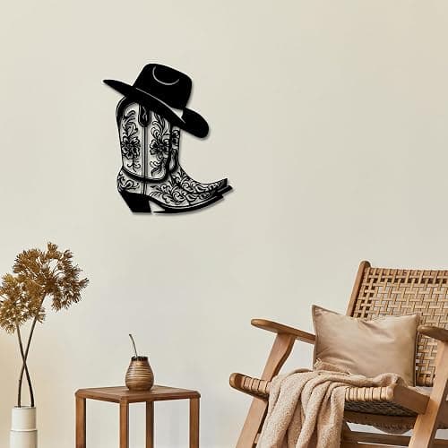 Rajukit Cowgirl Boot Hat Metal Wall Decor for Home | Farmhouse western cowboy boot with hat wall art. Vintage rustic decor for bedroom, bathroom. Size: 11.8 x 10.2 inches. Black. thumbnail 5