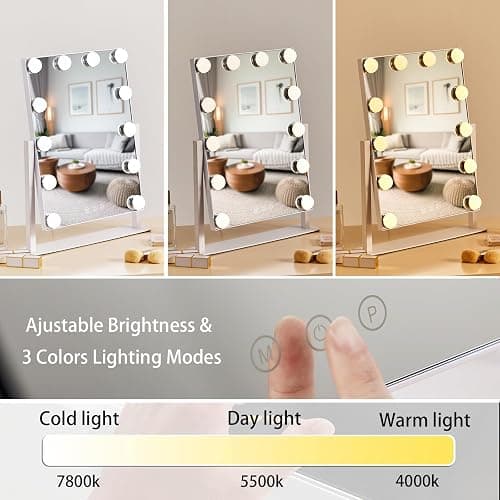 HIEEY Hollywood Vanity Mirror with 12 Dimmable Bulbs Lights, Three Color Lighting Modes, and 5X Magnification, Smart Touch Control, 360°Rotation (White,Gift Box) thumbnail 3