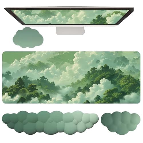 Green Cloud Mouse Pad and Keyboard Wrist Rest 4PCS Extended Forest Mountain Aesthetic Large Desk Mat Pad Set Memory Foam Non-Slip Cute Ergonomic Gaming Mouse Pad Wrist Support for Computer Home Office - Image 1