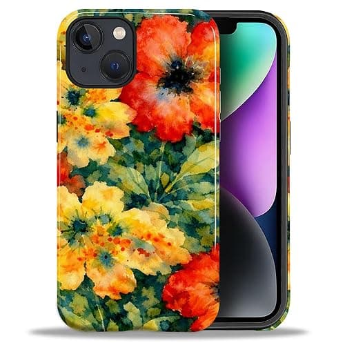 OURZPO Case Compatible with iPhone 15,Double Layer Protection, Matte Finish, Anti-Drop and Anti-Fingerprint Armor -Yellow and Red Watercolor Flowers - Image 1