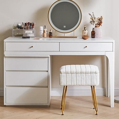 IBUYKE Stool Chair with Storage Space, Footrest Footstool Ottoman, Small Side Table, with 4 Metal Legs, with Anti-Slip Feet, for Makeup Room, Bedroom, White, Faux Fur LG-50W thumbnail 9