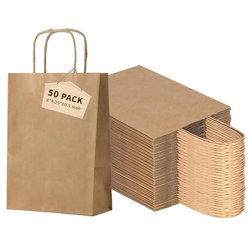FACEBAG 50-Pack Brown Paper Bags with Handles Bulk, 8x4.25x10.5 Inches,Medium-sized Gift Bags with Handles for Party Favors，Take-Out，Grocery Shopping & Retail，Reusable & Durable thumbnail 2