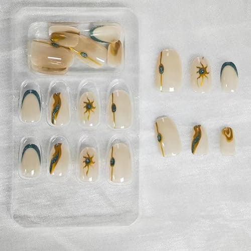 Medium Press On Nails - Nude Almond False Nails with Design, Sun Glue, Glitter Silver French Tip, Acrylic Full Cover Stick Ons for Women & Girls - 24 Pcs - Style04 - 0.99 Fl Oz (Pack of 1) thumbnail 5