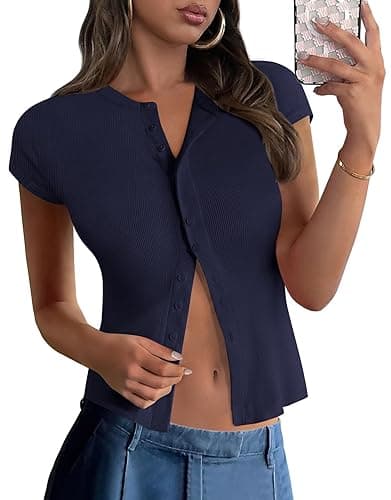 PRETTYGARDEN Women's Short Sleeve Summer Tops 2025 Trendy Ribbed Knit Button Up Tight Basic Tees Shirts Going Out Y2K Clothes