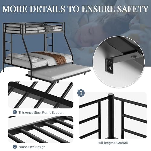Shintenchi Twin Over Full Size Bunk Bed with Trundle, Heavy-Duty Metal Frame, 2 Ladders & Full-Length Guardrail, Space-Saving Sleep Solution for Kids/Teens/Adults, Black thumbnail 6