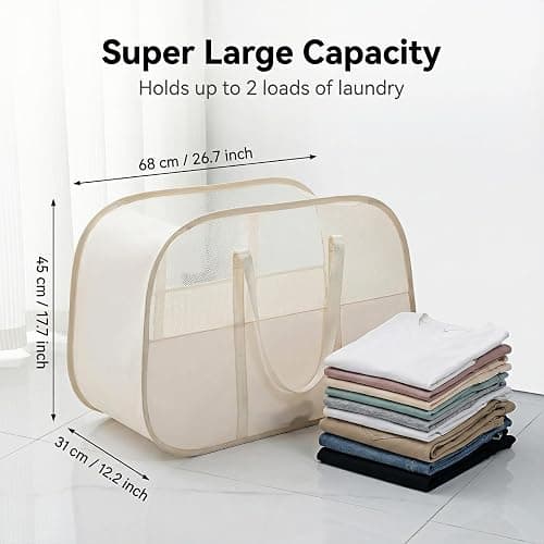 Foldable Laundry Basket with Mesh Window, Large Capacity 95L Dirty Clothes Hamper with Handles, Sturdy Steel Frame,Collapsible Laundry Hamper for Bedroom,Bathroom,Home,Dorm (Beige) thumbnail 3