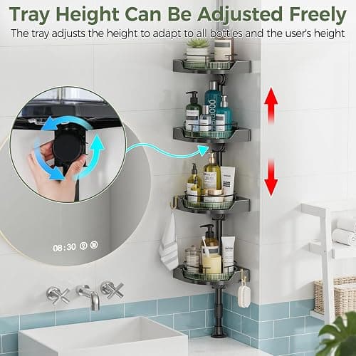 AKINBAS 360° Rotating Shower Caddy Tension Pole with 4-Tier Rustproof Lazy Susan 35-128 Inch No Drilling Coner Shelves Adjustable Shower Rack for Bathroom Bathtub Washbasin Plant Storage (Black+Green) thumbnail 6