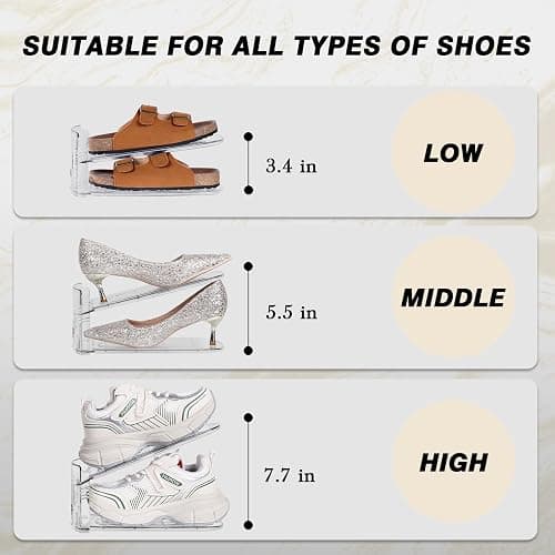 Tgzwme Shoe Slots Organizer 12 Pack - Shoe Stacker,3 Levels Adjustable,Space Savers 50%,Double Layer Holders for Closet (Transparent),Organizador de Zapatos thumbnail 4