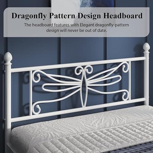 E-Ser Queen Size Bed Frame, Metal Platform Bed Frame with Dragonfly Pattern Headboard and Footboard, Strong Metal Slats Support, No Box Spring Needed, Easy Assembly, Noise-Free, White thumbnail 3