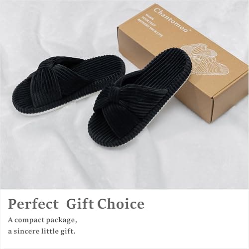 Chantomoo Slippers for Women Memory Foam House Bedroom Corduroy Bow Crossbands Slipper Shoes Comfy Trendy Gift Slippers thumbnail 5