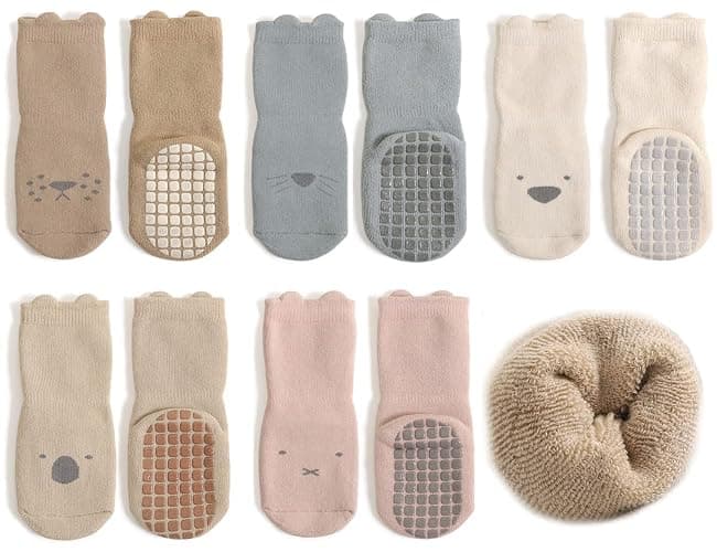 Exegawe Baby Non Slip Socks Winter 5 Pairs Kid Thick Warm Crew Socks with Grips - Image 1
