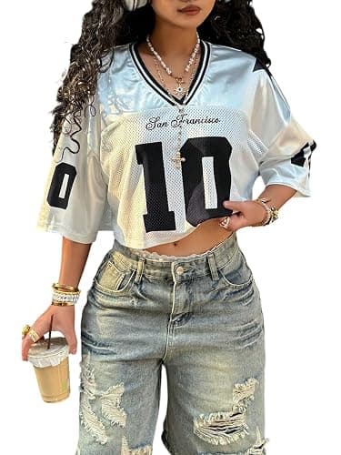 SweatyRocks Women's Number Graphic Jersey Shirts Y2k Crop Jerseys V Neck Oversized Baggy Tops Streetwear - Image 1