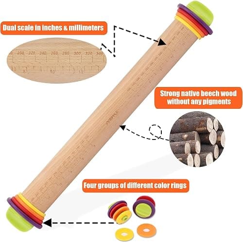Mepple Adjustable Wooden Rolling Pin with 4 Removable Thickness Rings，Great for Baking Dough, Pizza, Pie, Pastries, Pasta, Cookies and More, 13.6" x 2.5" x 2.5", Multicolor thumbnail 9