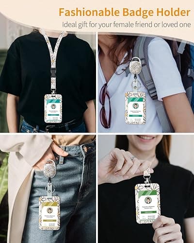 Uniclife Floral Sliding Badge Holder White Flower Plastic Case with Retractable Badge Reel Carabiner Clip & Detachable Lanyard Strap Fashionable Vertical Card Protector for Women Nurse Teacher Student thumbnail 3