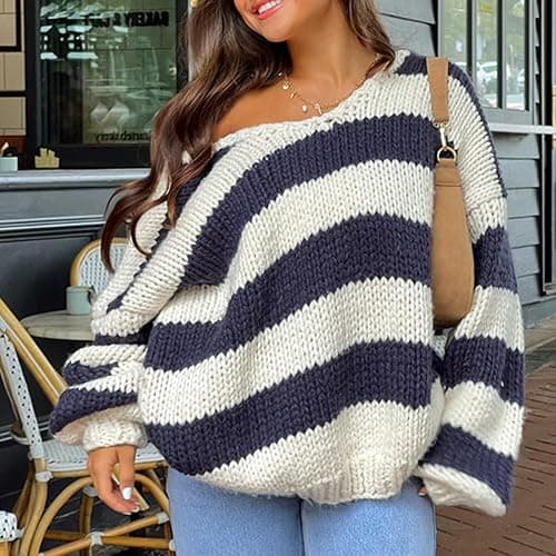 Women Y2K Striped Oversized Sweater Crewneck Long Sleeve Vintage Aesthetic Knit Pullover Tops Teens Cute Preppy Sweater thumbnail 2