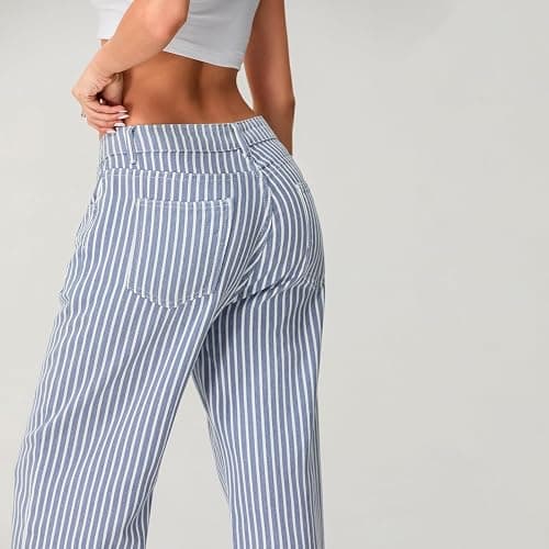 Mxiqqpltky Y2k Striped Bell Bottom Jeans Women High Waisted Boyfriend Denim Pants Baggy Wide Leg Stretchy Bootcut Flare Jeans thumbnail 4