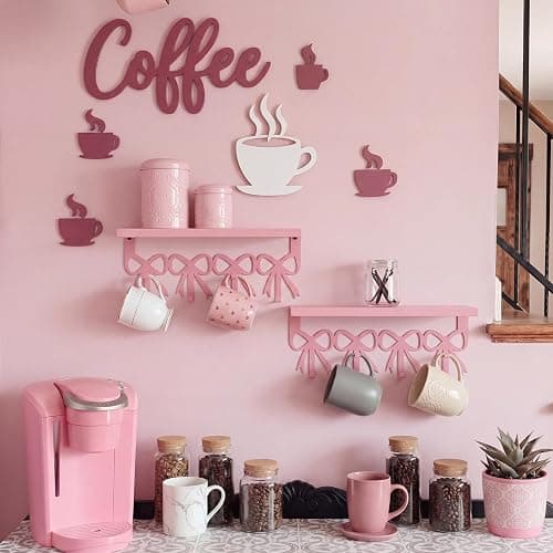ElaraBerry 2 Pcs Pink Bow Coffee Mug Rack Pink Coffee Bar Accessories Wall Mounted with 4 Hooks 16.8in x 4.8in Shelf Metal Hooks Kawaii Coquette Preppy Style Decor Kitchen Bar thumbnail 2