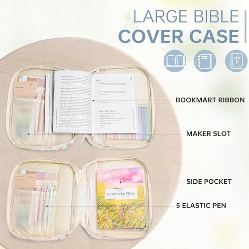 Bible Cover Case for Women Large Bible Cover with Durable Handle Quilted Bible Carrying Case for Girls Bible Study Supplies Accessories (Big Blue Flower, Big Blue Flower) thumbnail 4