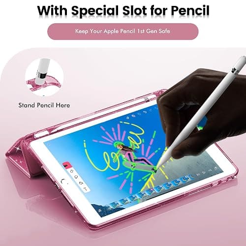INFILAND Case for iPad 6th/5th Generation 9.7 Inch 2018/2017, iPad Air 2 Cute Glitter Clear Protective Cover for Kids, Girls, Woman, with Pencil Holder (Pink) thumbnail 5