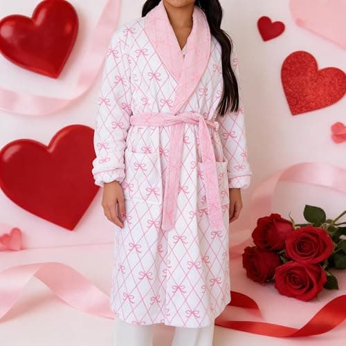 VISGOGO Bow Robes For Women Robe Lightweight Short Women Bathrobe Soft Ladies Cute Bathrobe With Pocket Pink And White thumbnail 2
