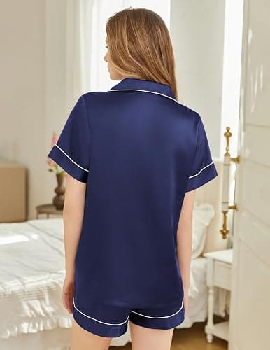 SHEFOTY Silk Pajamas for Women Short Sleeve Sleepwear Soft Button Down Loungewear 2 Piece Satin Pjs Shorts Set S-XXL thumbnail 6