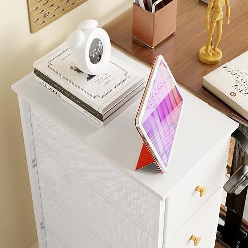 Fixwal Narrow Storage Cabinet, Slim Dresser with 4 Fabric Drawers, White | 9.5in width, sturdy & stable structure, solid steel frame, wooden top, suitable for bedroom, bathroom & laundry room thumbnail 8