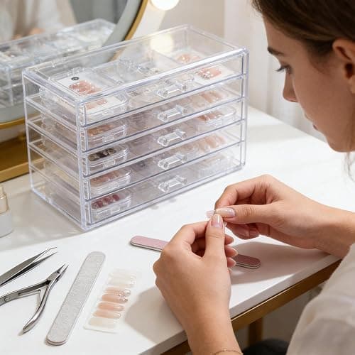 MZSX 20 Stück Nagelaufbewahrungsboxen zum Aufdrücken (7,5 × 7,5 cm), 90 Stück verbessertes doppelseitiges Klebeband, klare Nagelspitzen-Display-Aufbewahrungsbox-Set, transparentes Kunstnageldisplay thumbnail 6